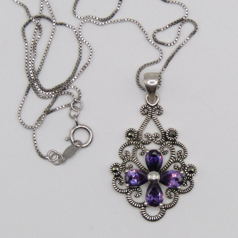 Pretty Sterling Silver Purple CZ and Marcasite Filigree Floral Pendant Chain